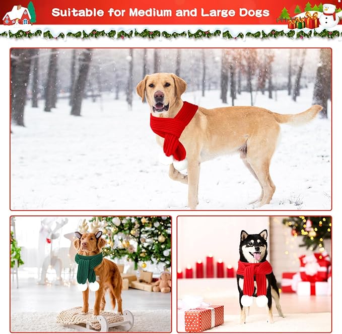 BWOGUE 2-Piece Knitted Dog Christmas Scarf & Bandana with White Pom Pom for Medium/Large Dogs - Winter Warm Holiday Pet Costume Accessory (Red, Green)