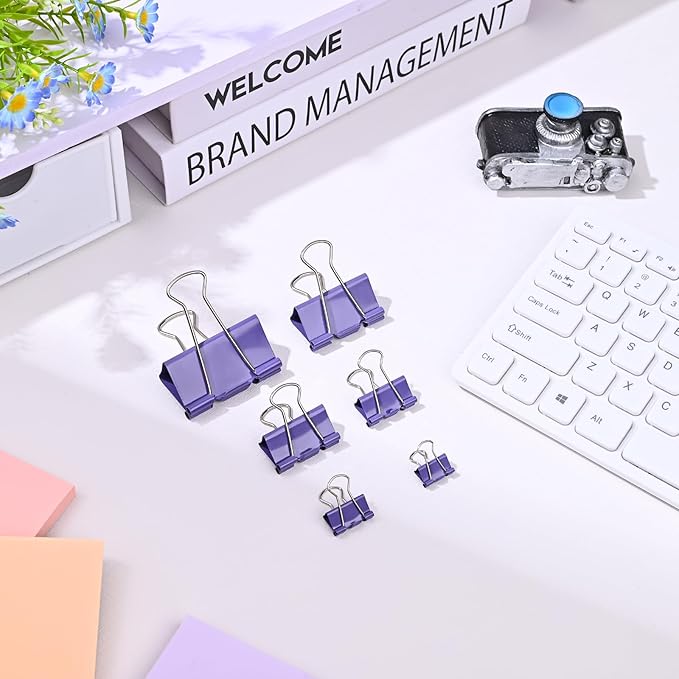 Temiary Aesthetic Binder Clips, 12 Pcs 2 Inches Small Metal Binder Clip with Clear Storage Container, Binding Paperwork Clamps for School Teachers Office Supplies (Purple)