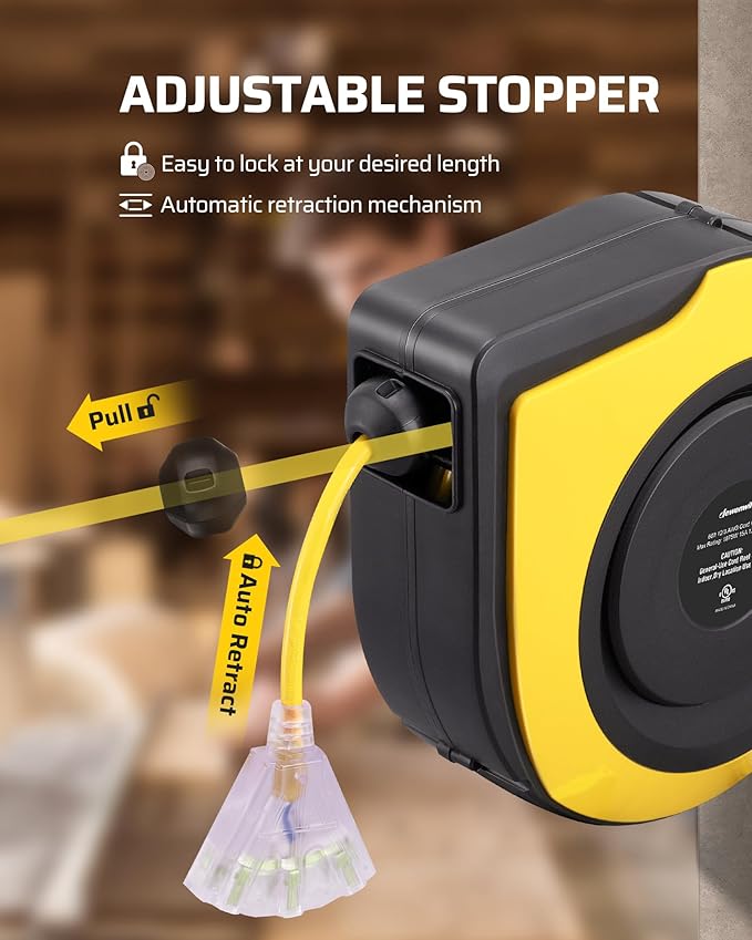 DEWENWILS Retractable Extension Cord Reel, 75 FT Heavy Duty Power Cord, 14/3C SJTOW Retractable Cord Reel, Lighted Triple Outlets, 10A Circuit Breaker, Wall/Ceiling Mount, UL Listed, Yellow