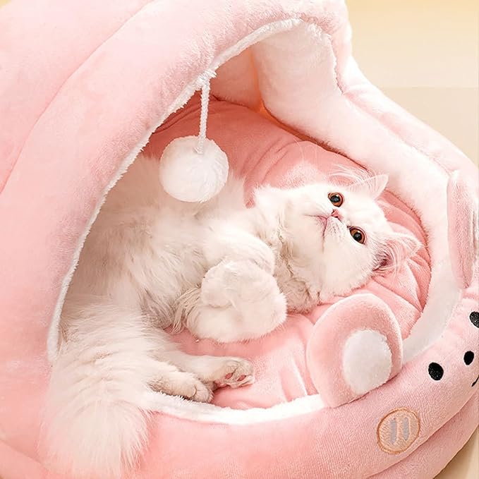 Cat Bed for Indoor Cats, Dog Bed with Anti-Slip Bottom, Rabbit-Shaped Cat/Small Dog Cave with Hanging Toy, Puppy Beds with Removable Cotton Pad, Super Soft Calming Pet Sofa Bed (Pink, Medium)