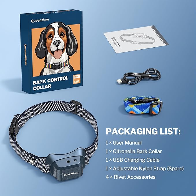 Bark Collar, Dog Bark Collar for Large Medium Small Dogs, Citronella Dog Bark Collar with Adjustable Spray & Sensitivity, Rechargeable Anti-Bark Collar for Dogs with Safe, 2 Collar Straps(Blue)