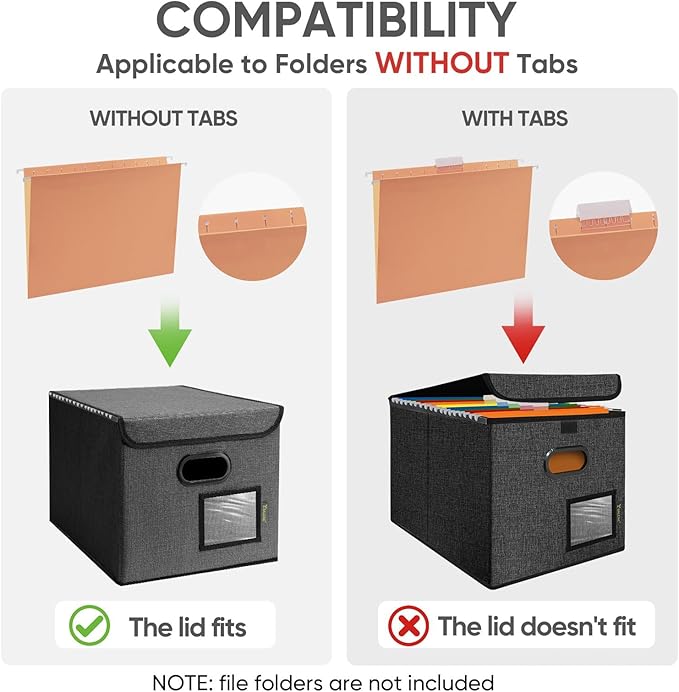 BALEINE File Organizer Box with Lid, Collapsible File Folder Organizer with Plastic Slide, Hanging File Folder Box for Office Document Storage (1 Pack, Black)