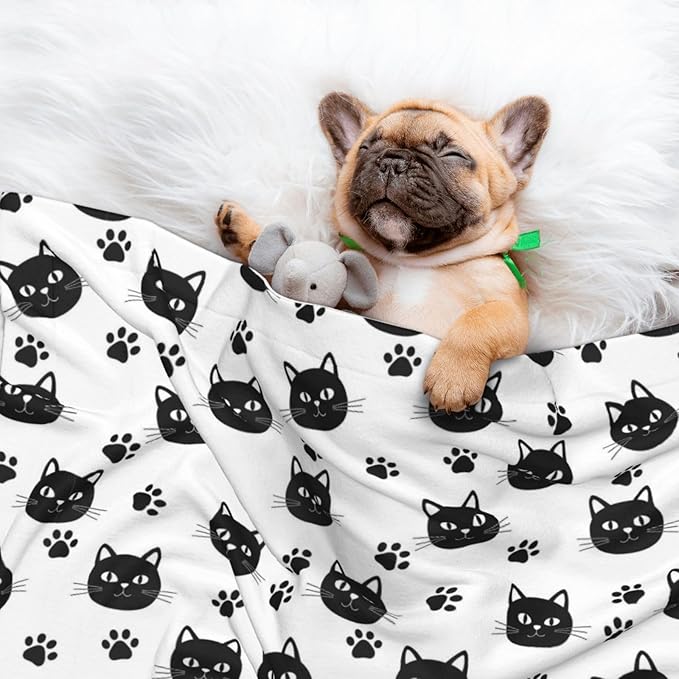 Reversible Plush Throw for Dogs and Cats, Black Cats and Cat Paws, Double Sided Blanket with Nubby Dot Side and Sleek Side Ideal for Cuddling Nesting Security