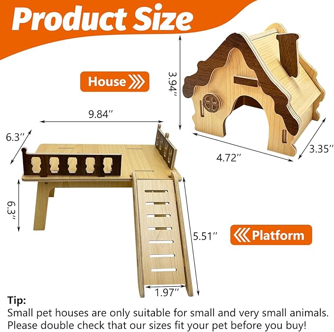 Hamiledyi Wooden Hamster Platform & House Mouse House with Climbing Ladder Cute Habitat Hut Hideout Small Animals Cage Accessories for Dwarf Hamster Mice Gerbil and Other Similar Sized Animals