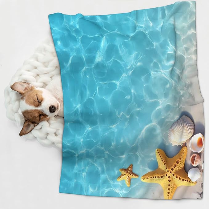 Waterproof Dog Blanket Soft Pet Blanket for Puppy Cat, Fleece Cat Throw Blankets for Furniture Bed Couch Sofa Reversible - Coral and Seashell On The Beach