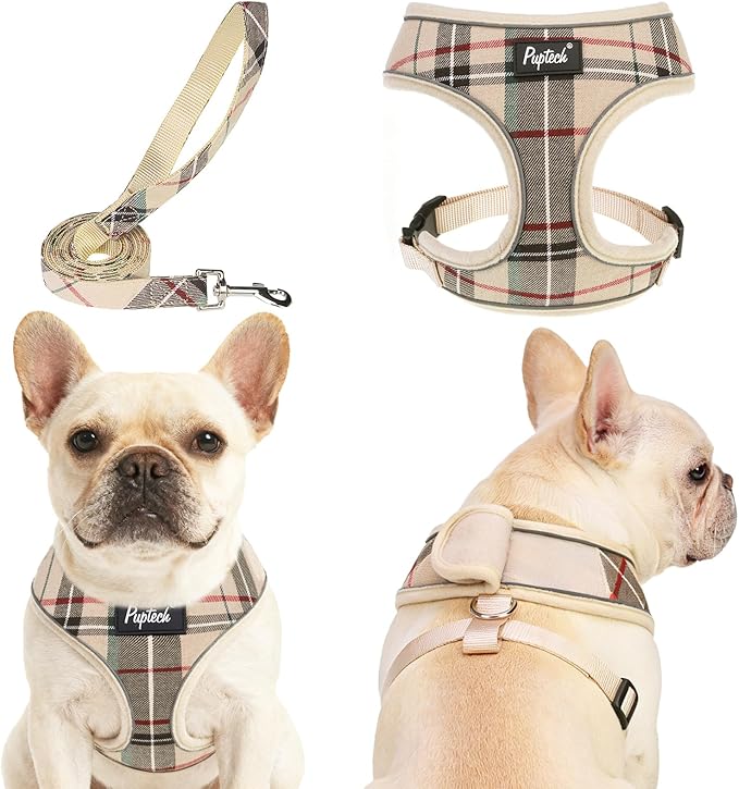 PUPTECK Soft Mesh Dog Harness Small Sized and Leash Set Pet Puppy Cat Comfort Padded Vest No Pull Harnesses, Beige Plaid, Openable Neck, New M