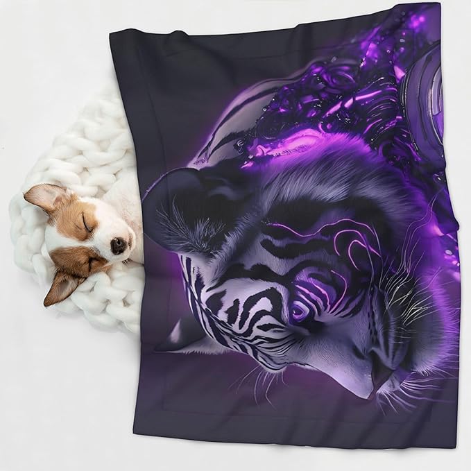Waterproof Dog Blanket Soft Pet Blanket for Puppy Cat, Fleece Cat Throw Blankets for Furniture Bed Couch Sofa Reversible - Purple Pattern White Tiger