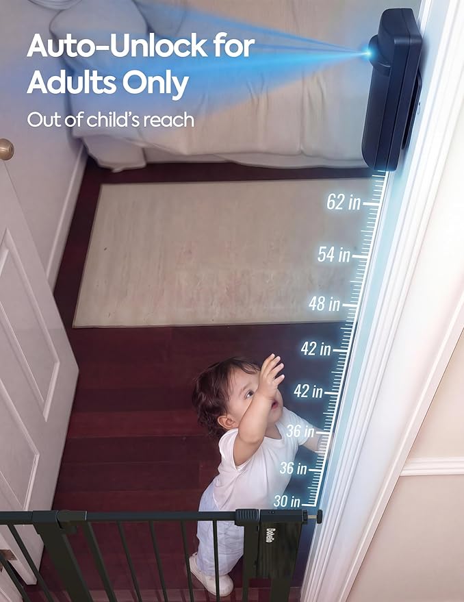 Babelio Smart Baby Gate with Auto-Unlock/Close, Pressure Mounted No Drill for Doorways/Top of Stairs. Pet/Dog Door Wide Walk Thru w/Infrared Sensor & Instant Safety Alert (Black, 30.3-47.2" W, 30" H)