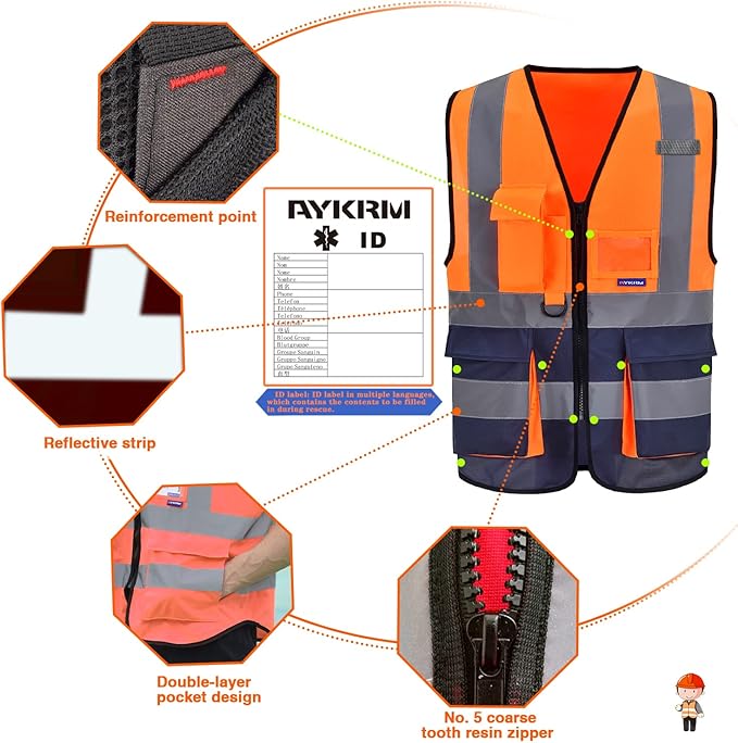 A-SAFETY High visibility vest,Reflective Safety Vest Workwear 7 Pockets Hi Vis Durable Vest with Reflective Tapes 4 Lower Pockets,Orange&Navy XXXL
