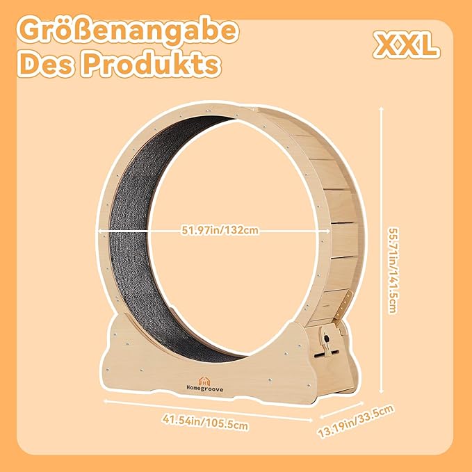 Homegroove Cat Wheel,52 inch XXL Large Cat Wheels for Indoor Cats with Carpeted Runway, Cat Exercise Wheel Treadmill for Kitty’s Longer Life (XXL, Natural Wood)