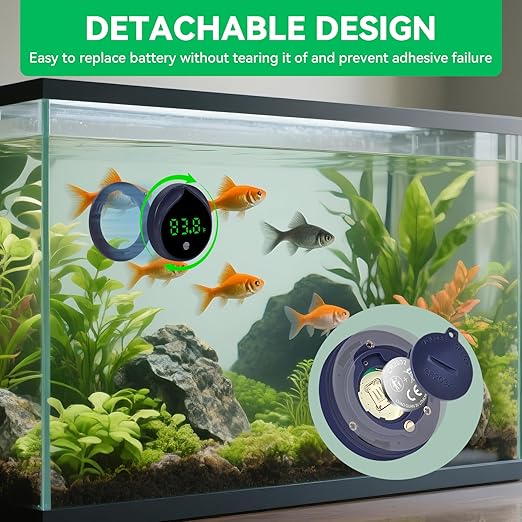 Removable Aquarium Water Thermometer Gauge with Touch Screen Digital Fish Tank Thermometer LED Display ±1℉/℃, Fish Tank Accessories for Betta, Axolotl, Shrimp, Turtle, Reptile and Aquatic (Dark Blue)