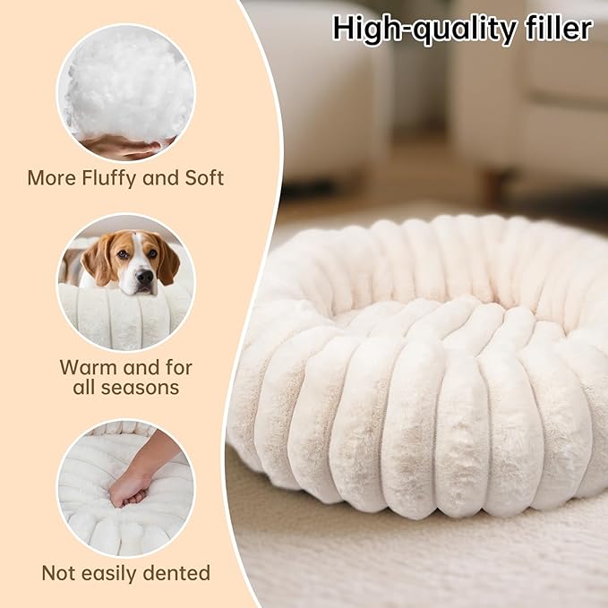 Donut Dog and Cat Bed, Luxurious Comfortable Faux Rabbit Fur Pet Beds, Soft Anti-Anxiety Calming Puppy Kitten Bed with Anti-Slip Bottom for Small Dogs & Cats(20", White)