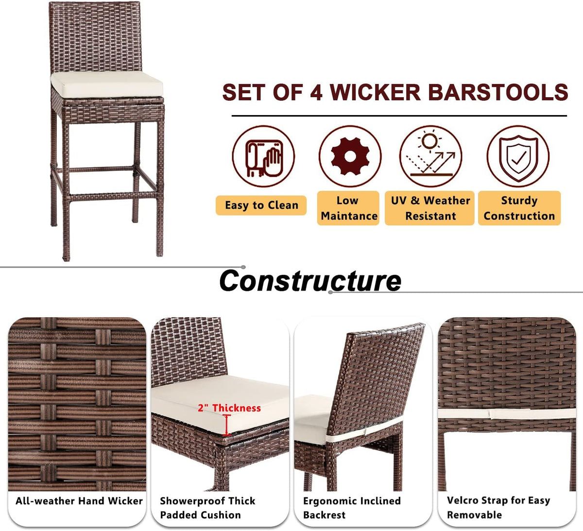 Outdoor Bar Stools Wicker Woven Patio Stools & Patio Bar Chairs Set of 4 Counter Bar Height Stools with Footrest Armless Cushion Beige All Weather Rattan Garden Stool for Pool Lawn Porch Backyard