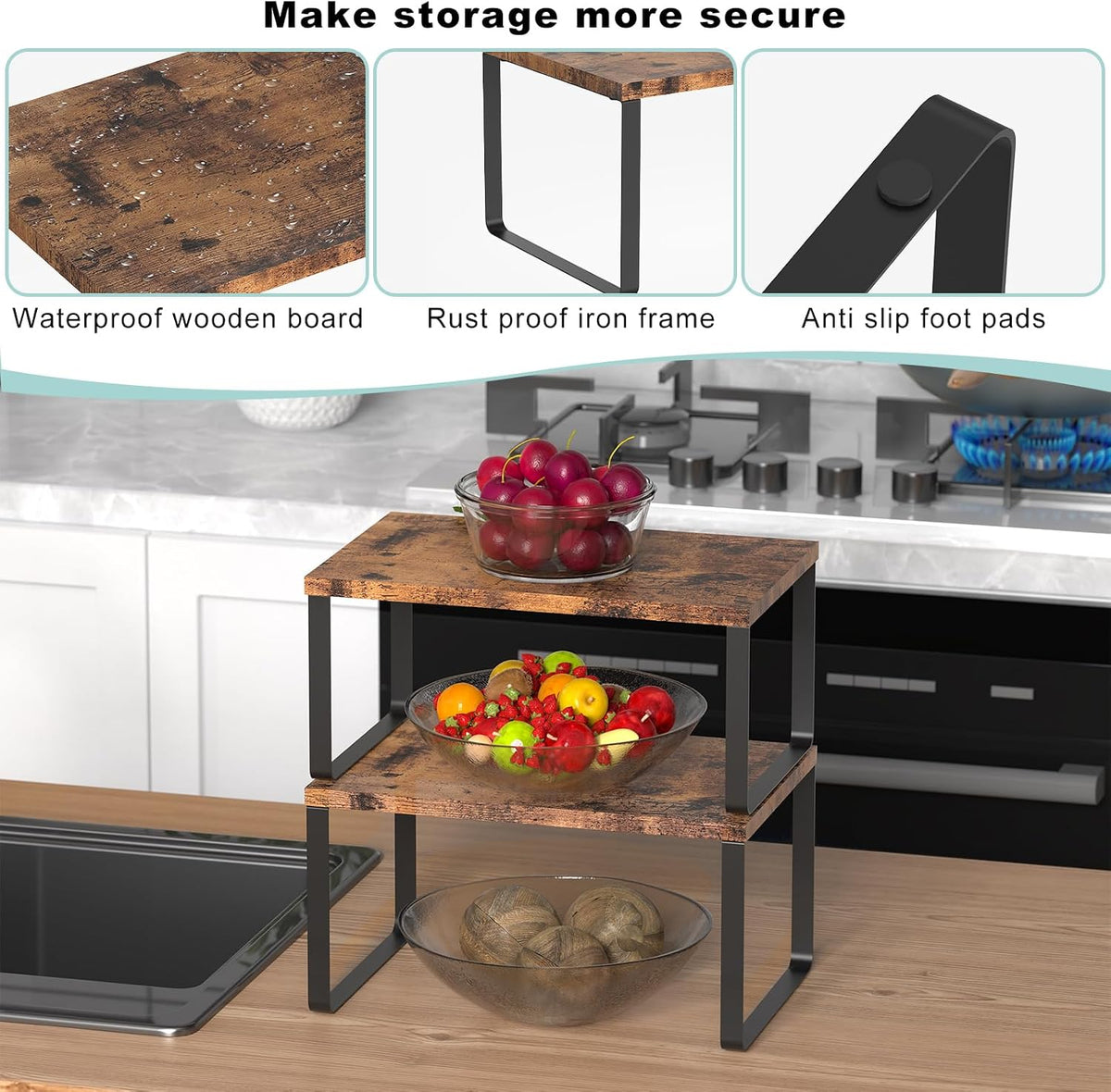 CADUKE Set of 4 Counter Shelves Kitchen Cabinet Shelf Organizer Brown