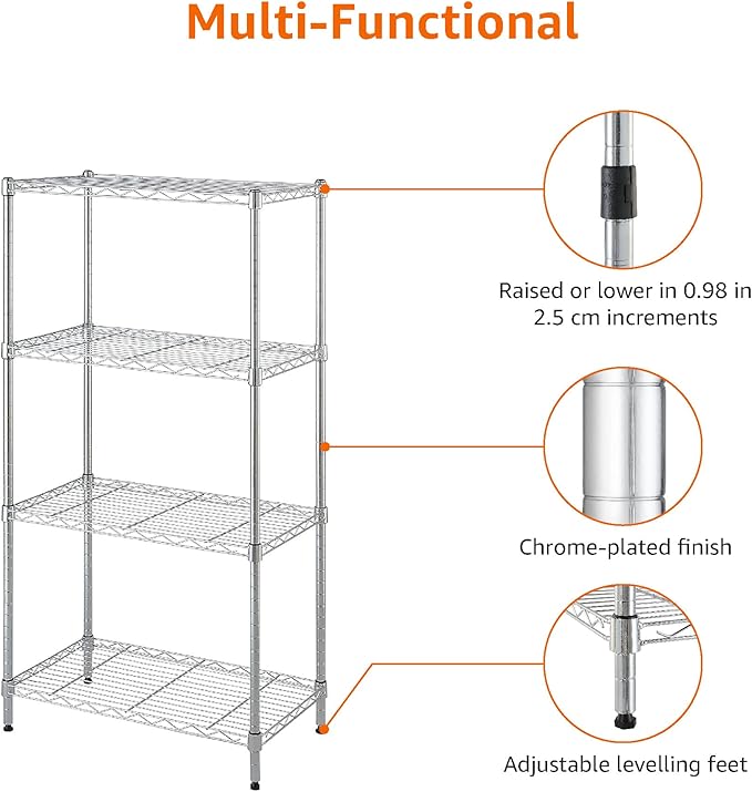 Amazon Basics 4-Shelf Adjustable, Storage Shelving Unit, (200 Pound Loading Capacity per Shelf), Steel Organizer Wire Rack, 13.4"D x 23.2"W x 48"H, Chrome