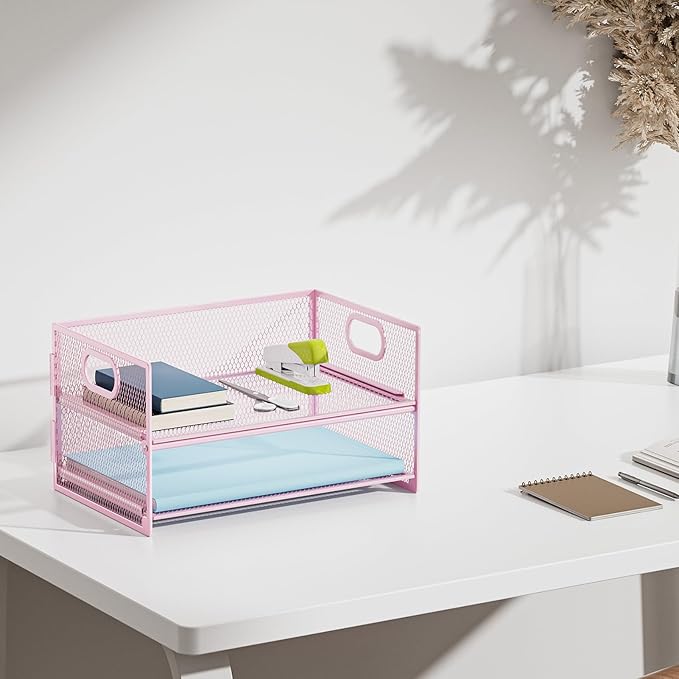 Marbrasse 2 Tier Paper Organizer Letter Tray, Mesh File Organizer with Handle, Paper Sorter Desk Organizer for Home Office Supplies - Pink