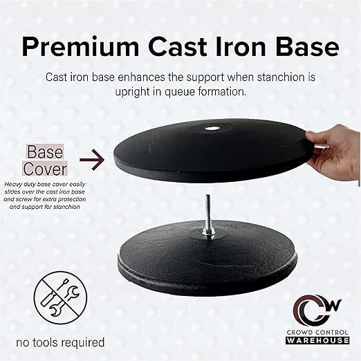 Crowd Control Warehouse CCW Set of 2 Dual Retractable Belt Barrier Stanchion, Cast Iron Base Black Post, IRBB-100D (9 Belt, Red with"Please Wait HERE" White Letters Belt)