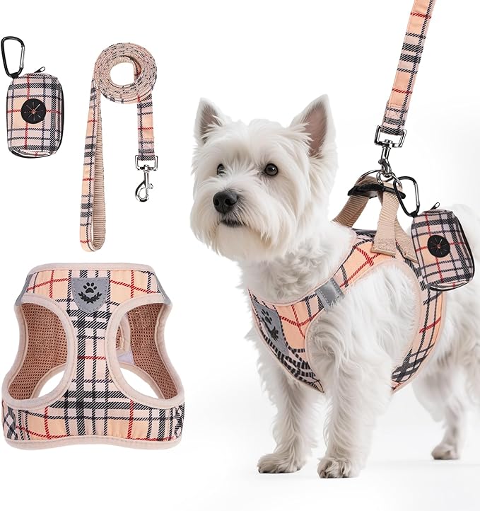 PAWCHIE Dog Harness and Leash Set, Step in No Pull Soft Pet Harness, Reflective Adjustable Puppy Vest for Small Medium Dogs Cats, No Choke Harness Vest with Poop Bag Holder for Walking,Running,Beige S