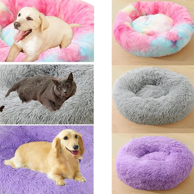 Calming Dog & Cat Bed, 24 Inch Anti-Anxiety Donut Cuddler Cat Bed with Anti-Slip Bottom, Washable Round Fluffy Pet Bed for Small Medium Dogs and Cats (Yellow)