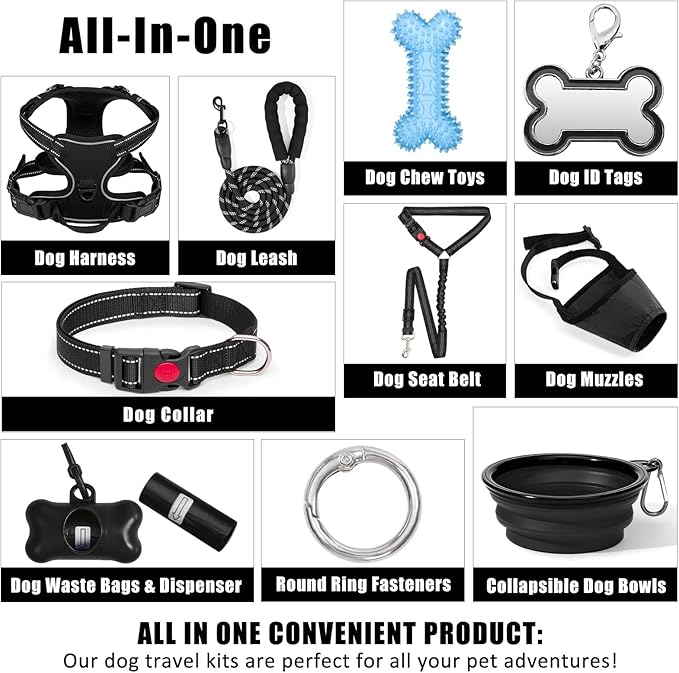 No Pull Dog Harness Adjustable Collar & Leash Set - Dog Halter Harnesses Collapsible Bowls & Poop Bag Dispenser Muzzle ID Tags Toys Fits Small Medium Large Dogs (Black-M)