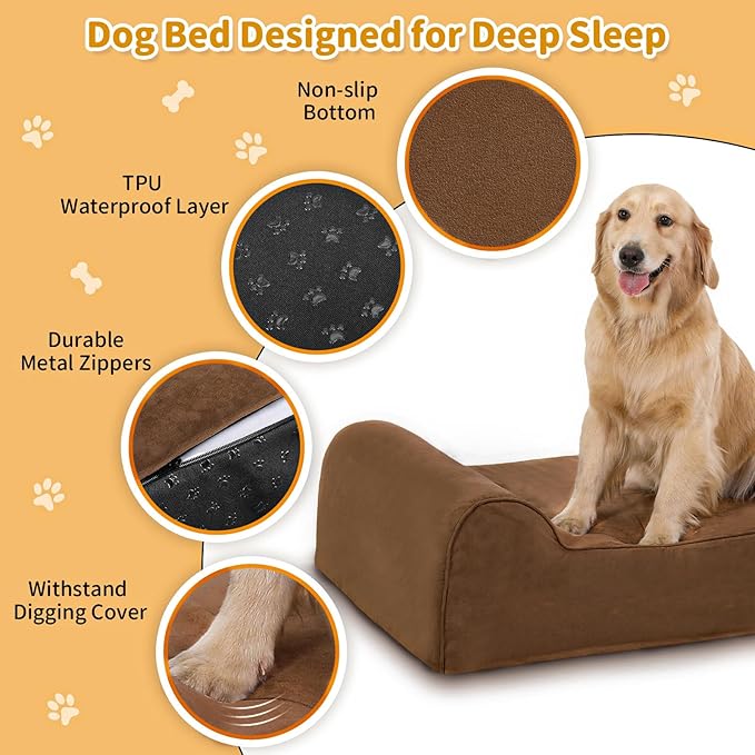 Orthopedic Dog Beds for Large Dogs, 7" Memory Foam Dog Beds with Waterproof Liner, Chew Proof Microsuede Cover, Removable and Washable, Nonskid Bottom, 48"x30" L Brown