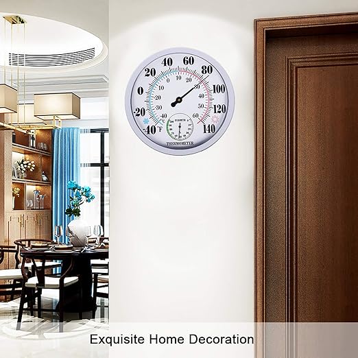 Indoor Outdoor Thermometer Large Wall Thermometer-Hygrometer Waterproof Does not Require Battery (White)