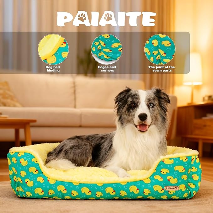 Rectangle Washable Dog Bed for Large, Medium & Small Dogs – Soft Calming Puppy Beds, Durable Warm Pet Sofa with Non-Slip Bottom for Indoor Use.Yellow M Size (33.5"x33.5"x7.1")
