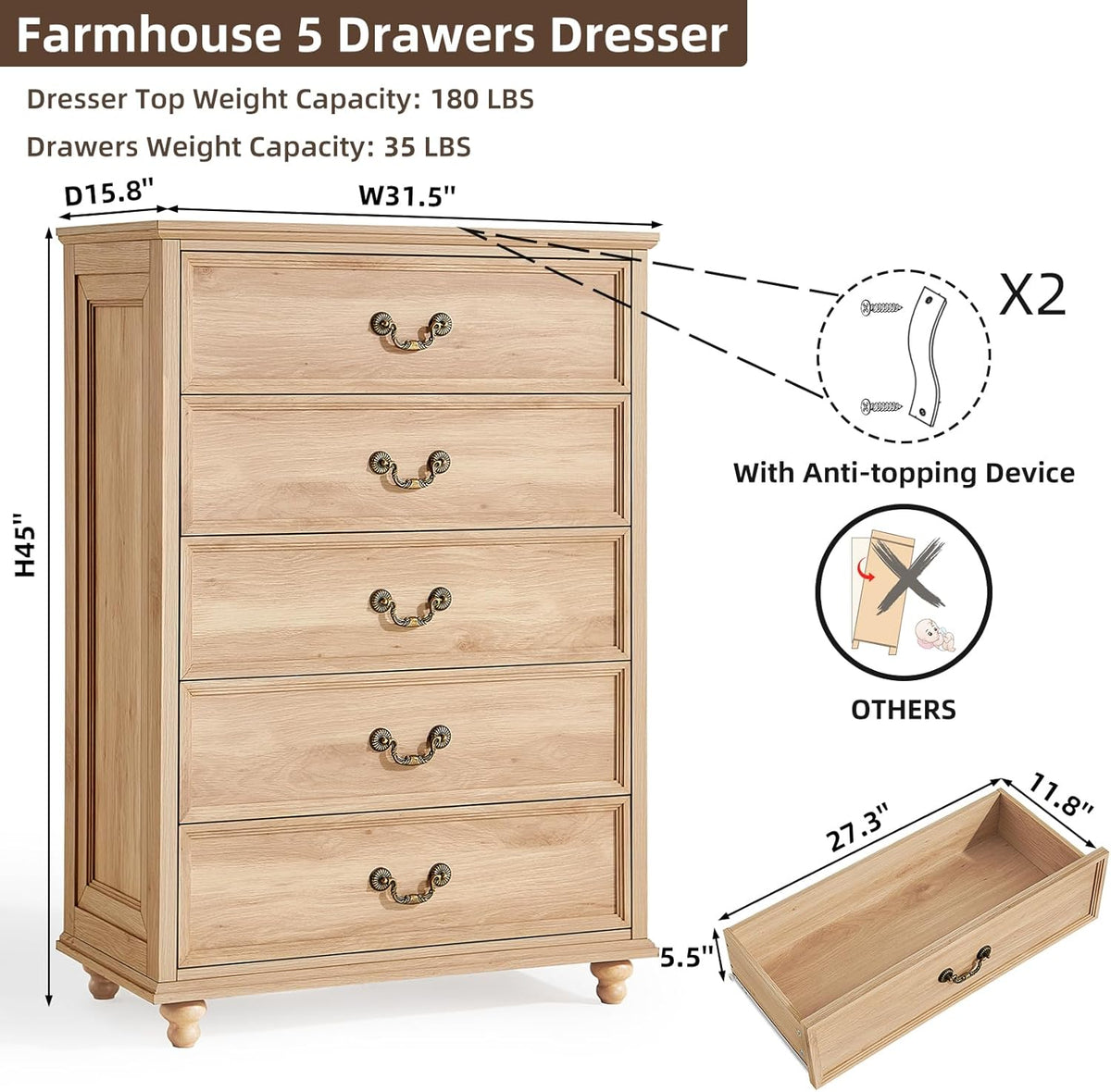 Joaxswe Farmhouse 5 Drawer Dresser for Bedroom, 45" Tall Vinatge Chests of Drawers w/ 4 Solid Gourd Feet, Mid Century Modern Boho Wood Closet Storage Dressers Organizer for Living Room, Natural Oak