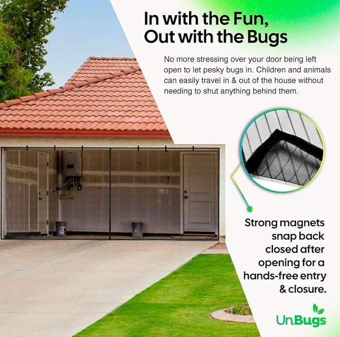 UnBugs Garage Screen Doors for 2 Car Garage - Fits Double Garage Doors up to 16 Feet Wide x 8 Feet Tall MAX- Pet & Kid Friendly, Self-Closing - Hands Free Magnet Closure Keeps Bugs Out & Breeze in