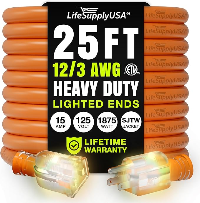 25ft Outdoor/Indoor Extension Cord 12/3 Gauge Extra Heavy Duty 3 Prong SJTW, Waterproof, ETL Listed, Flexible Cold-Resistant Long Power Cord,15A 125V 1875W, Orange by LifeSupplyUSA