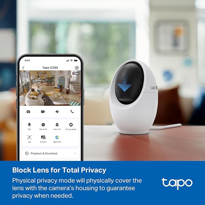 Tapo 4K Indoor Pan/Tilt Wired Security Camera - Works as a Baby Monitor, Person/Pet Detection, Facial Recognition, 360° AI Motion Tracking, Subscription-Free Local Storage or Optional Cloud, C260