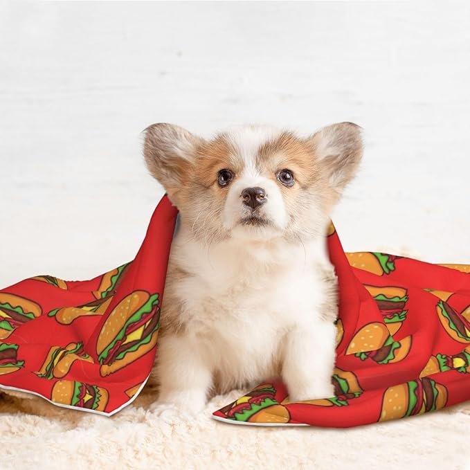 Double Sided Pet Throw for Dogs Who Shed, Burger Hamburger Pattern Red, Reversible Blanket with Nubby Dot Side Catches Loose Fur for Easier Furniture Cleanup