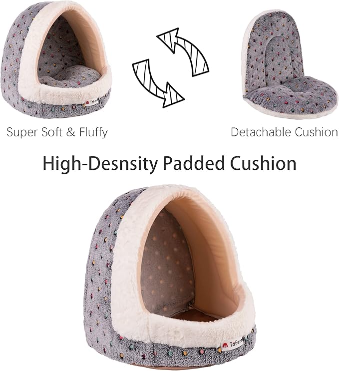 Tofern Dog Beds for Small Dog Cats Colorful Dots Pattern Striped Cute Fleece Warm Washable Igloo Pet Bed with Removable Cover