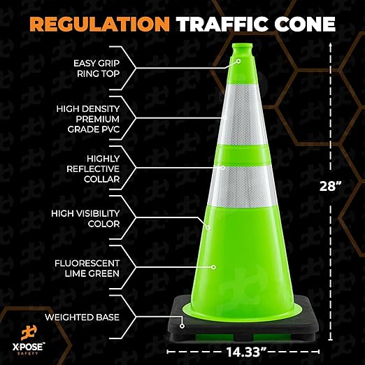 Xpose Safety 28” Lime Green Traffic Cone Dual 6" & 4" Reflective Collar – 24 Pack Multipurpose Premium PVC Safety Cone for Parking, Caution, Construction, Road Crews, Emergency Vehicle - DOT Approved