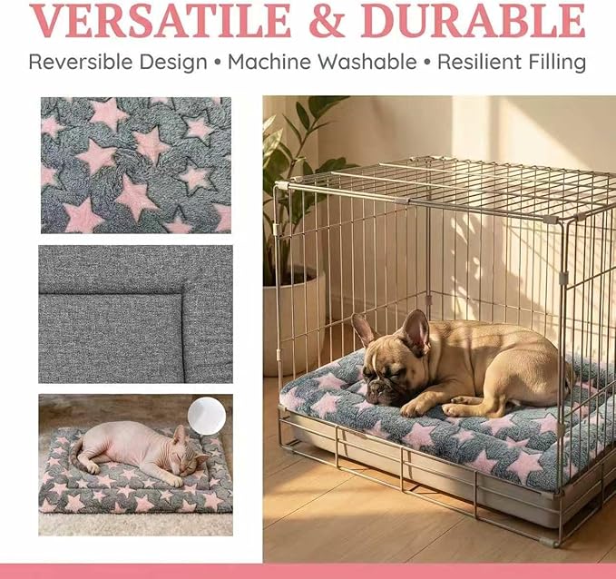 Dog Bed Mat - Reversible Dog Crate Bed Mats, Soft & Breathable Kennel Pad, Durable Crate Bed for Small Dogs & Cats (Pink&Gray Stars, S(24"*16"*1.2"))
