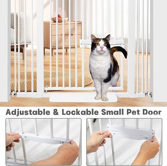 71 Inch Extra Tall Pet Gate with Small Cat Door, 29.55"-40.55" Adjustable Wide Dog Gate, Tall Cats Gates for Doorway, Stairs, House(White)
