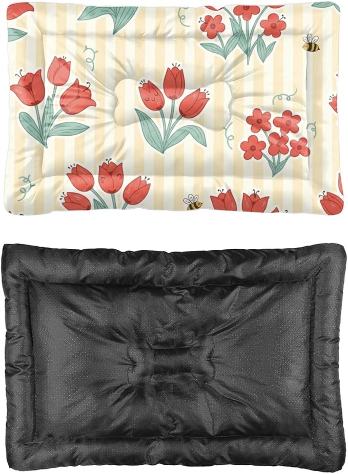 Red Floral Yellow Striped Puppy Bed for Crate Dog Crate Mattress Puppy Pad Dog Bed Washable Non-Slip Rectangle Mats for Dogs Carriers & Travel Products Indoor Outdoor 36X24 Inch