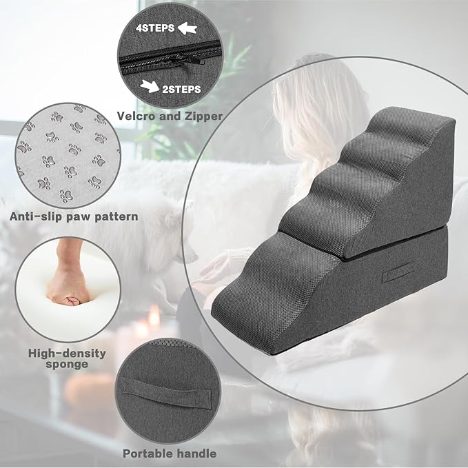 Dog Stairs for High Bed 30" H, 6-Step Dog Steps for Bed for Small Dogs and Cats, Pet Stairs for High Bed Climbing, Non-Slip Pet Step Ramps for Old Dogs/Cats, Free-Installation, Dark Grey