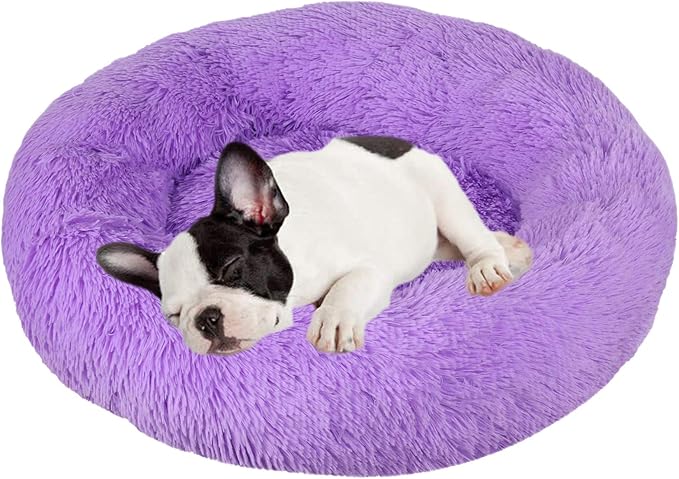 huraty Plush Dog Bed for Small Medium Dogs, Fluffy Donut Round Pet Cat Beds, Anti-Slip & Anti-Anxiety, 24 Inch for Puppy and Kitties, Lilac, M