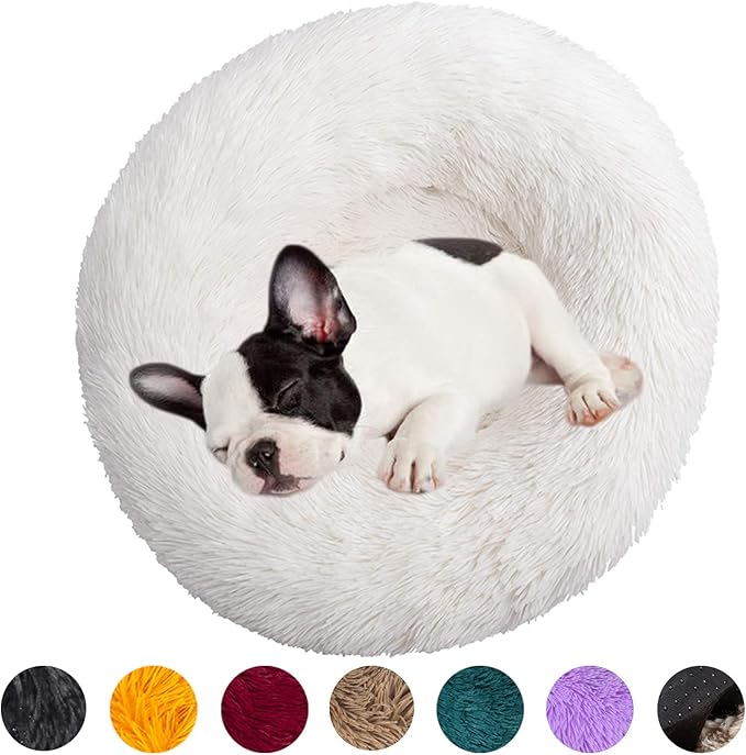 huraty Pet Dog Bed Plush Calming Bed, Fluffy Donut Round Pet Beds for Small Medium Large Dogs Cats, Anti-Slip & Anti-Anxiety, 28 Inch for Puppy and Kitties, White, L