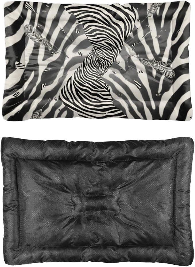 Zebra Print Feathers Dog Beds & Furniture Mattress for Dog Washable Kennel Pad Bed for Medium Crate Washable Non-Slip Crate Bedding Medium Bed Cute Mat Cushions Indoor Outdoor 36X24 Inch
