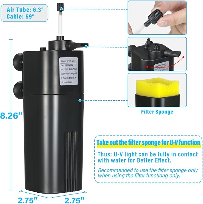 Aquarium U-V Filter for 10-40 gal, 132 GPH Swirl Turbo Design Submersible