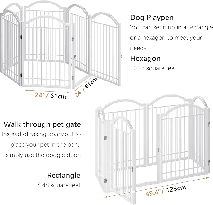 BHG Metal No-Assembly Freestanding Dog Gate with Door Walk Through, Extra Wide 144", Extra Tall 32" Pet Gate, Accordion Puppy Folding Playpen Dog Fence, with 2PCS Support (White, 6 panesl)