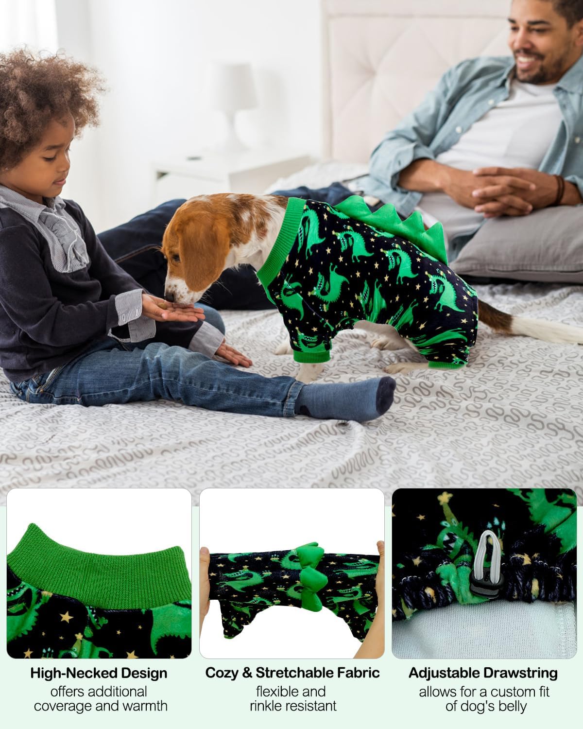 CuteBone Dinosaur Costume Dog Pajamas, Stretchy Spandex Crystal Velvet Sleepwear Coat for Small Dogs, Soft & Warm Pet Outfit Clothes for Cold Weather, Cozy Pullover Design COSP14XS