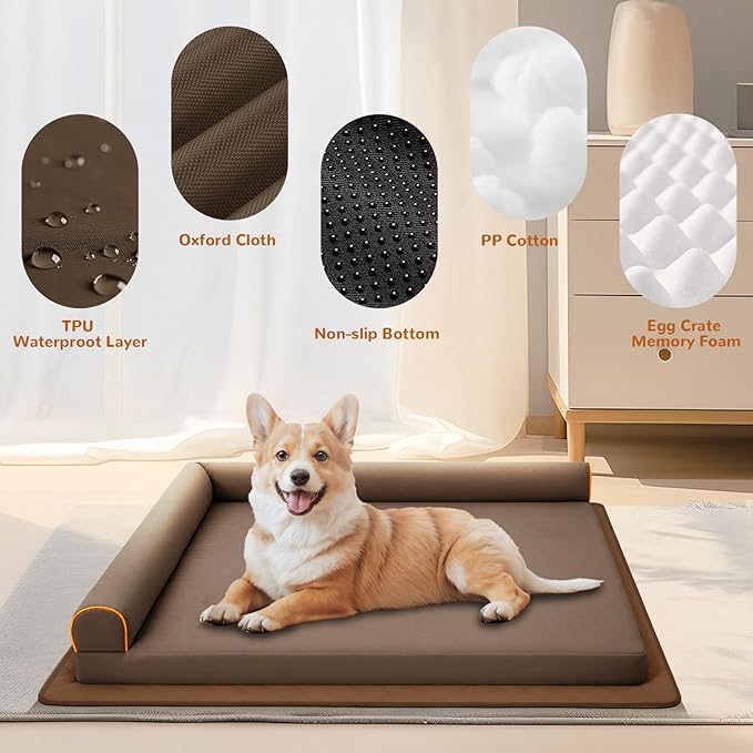Large Dog Bed Waterproof Indestructible Pet Bed, Memory Foam Orthopedic Dog Couch with Anti-Slip Mat Washable (Brown)