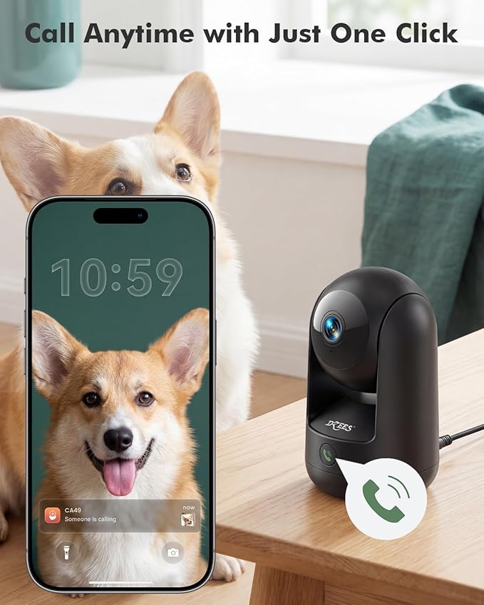 Dzees 2K Indoor Security Camera, 360 Degree WiFi Pet Camera with Phone App, 5G and 2.4G, Wired Home Camera with 2-Way Audio, Motion Tracking, Night Vision, Black, 1 Pack