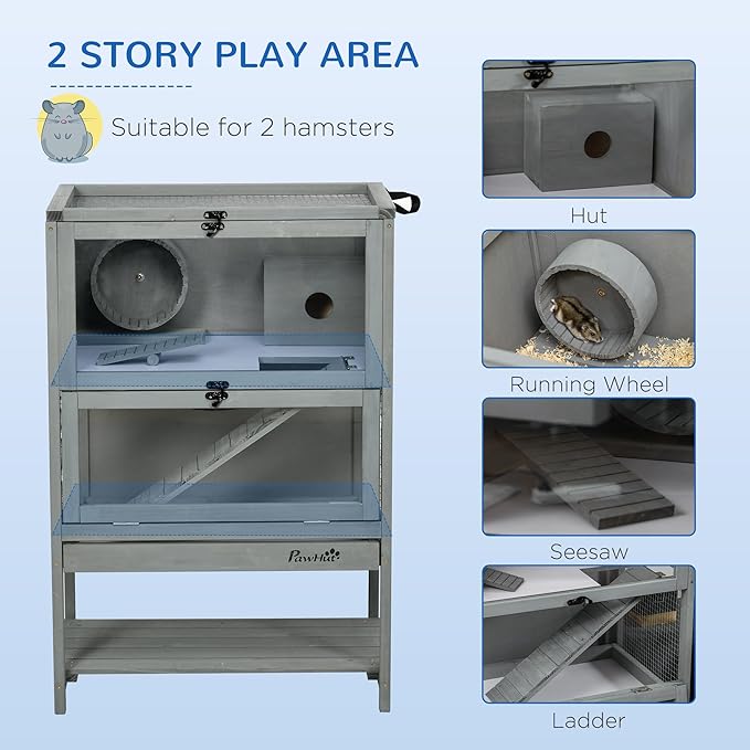 PawHut Wooden Hamster Cage with Storage Shelf, Large Rat Mouse Habitat Including Seesaw, Small Animal Cage with Sliding Tray, Wide Ramp for Racing, Running Wheel, 35.5" H