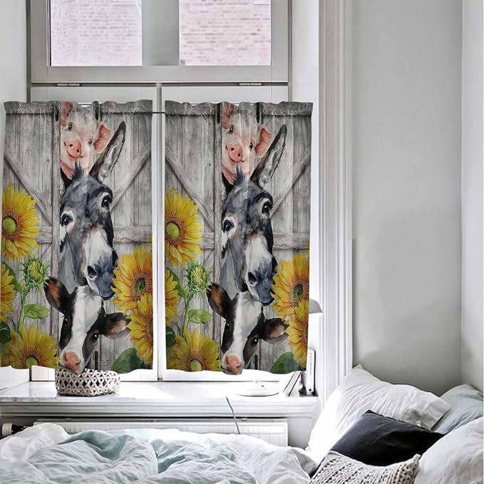 Farmhouse Kitchen Curtains 54 Inches Length, Vintage Sunflowers Animals Printed