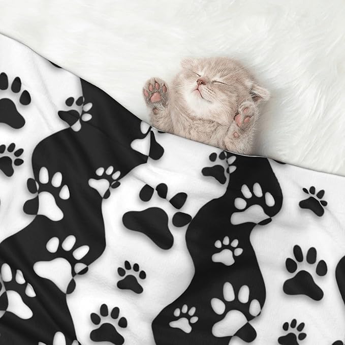 Black White Paw Throw Blanket - Stripes Blanket for Dog Cat Pet Blankets 23x16 for Couch Sofa Bed