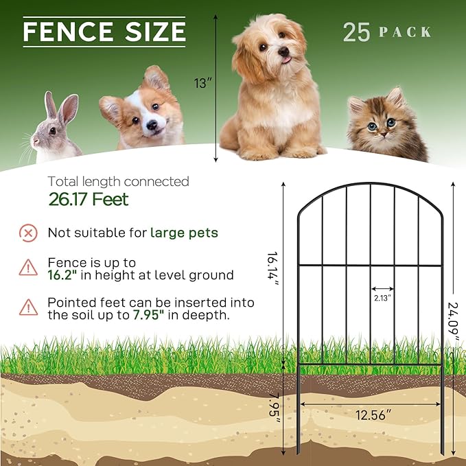 Goovilla Garden Fence, Total 27ft(L) x 24in(H) Garden Fencing Animal Barrier, 25 Pcs Rustproof Metal Fence Panels, Black No Dig Fence, Decorative Garden Fences and Borders for Dogs, Flower Bed, Patio